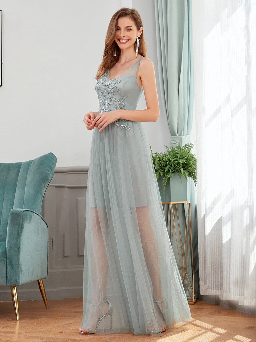 Color=Grey | Classy V-Neck Tulle See-Through Evening Dresses-Grey 3