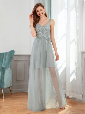 Color=Grey | Classy V-Neck Tulle See-Through Evening Dresses-Grey 4