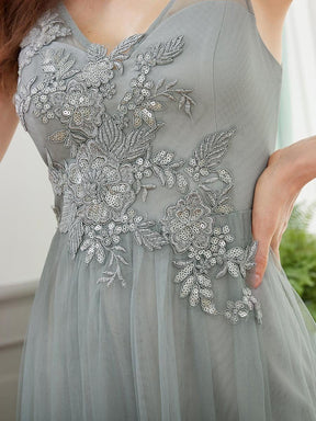 Color=Grey | Classy V-Neck Tulle See-Through Evening Dresses-Grey 5