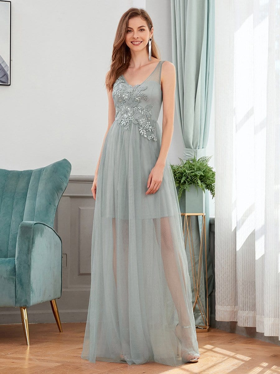 Color=Grey | Classy V-Neck Tulle See-Through Evening Dresses-Grey 1