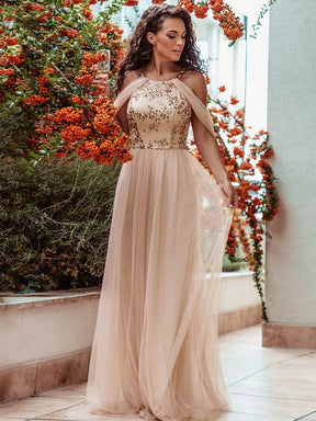 Color=Blush | Sexy Halter Neckline Tulle Bridesmaid Dresses With Paillette-Blush 1