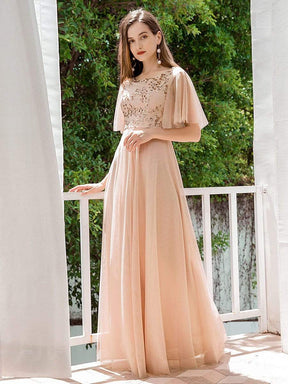Color=Blush | Elegant Tulle Ruffle Sleeves Bridesmaid Dresses With Paillette-Blush 3