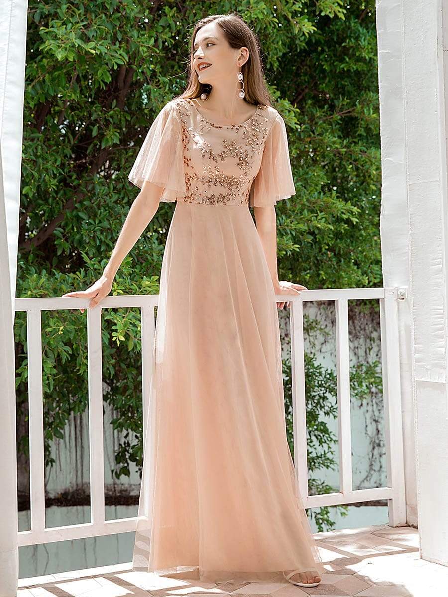 Color=Blush | Elegant Tulle Ruffle Sleeves Bridesmaid Dresses With Paillette-Blush 4