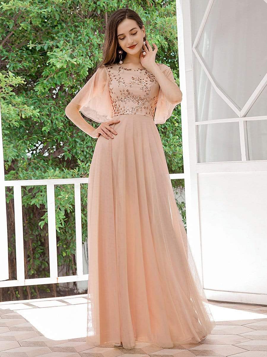 Color=Blush | Elegant Tulle Ruffle Sleeves Bridesmaid Dresses With Paillette-Blush 1