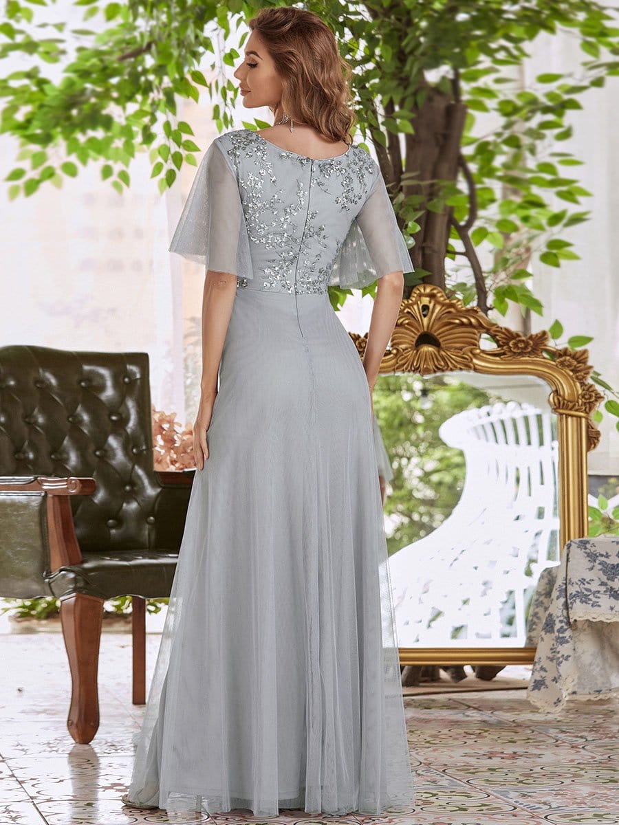 Color=Grey | Elegant Tulle Ruffle Sleeves Bridesmaid Dresses With Paillette-Grey 2