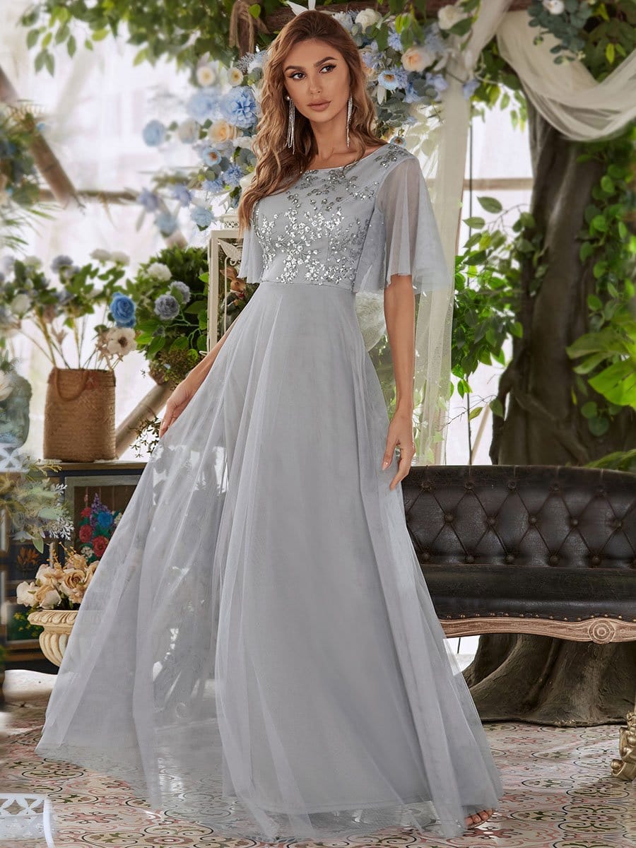 Color=Grey | Elegant Tulle Ruffle Sleeves Bridesmaid Dresses With Paillette-Grey 1