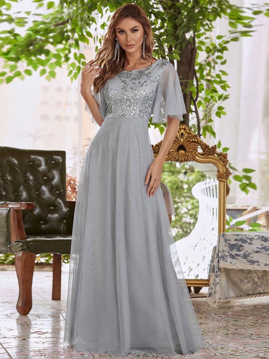 Color=Grey | Elegant Tulle Ruffle Sleeves Bridesmaid Dresses With Paillette-Grey 5