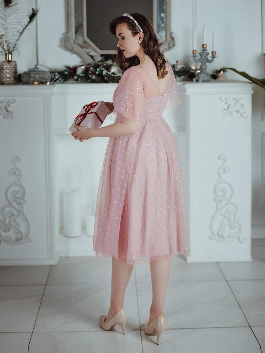 Color=Mauve | Alluring Tulle Round Neck Bridesmaid Dresses With Short Ruffles Sleeves-Mauve 7