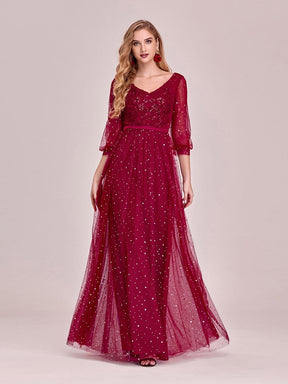 Color=Red | Elegant Maxi V Neck Tulle Evening Dress With Shiny Dot-Red 7