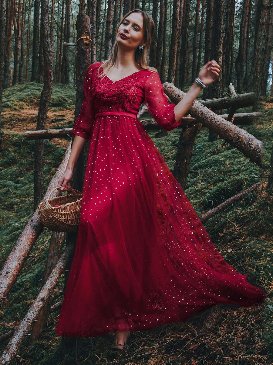 Color=Red | Elegant Maxi V Neck Tulle Evening Dress With Shiny Dot-Red 2