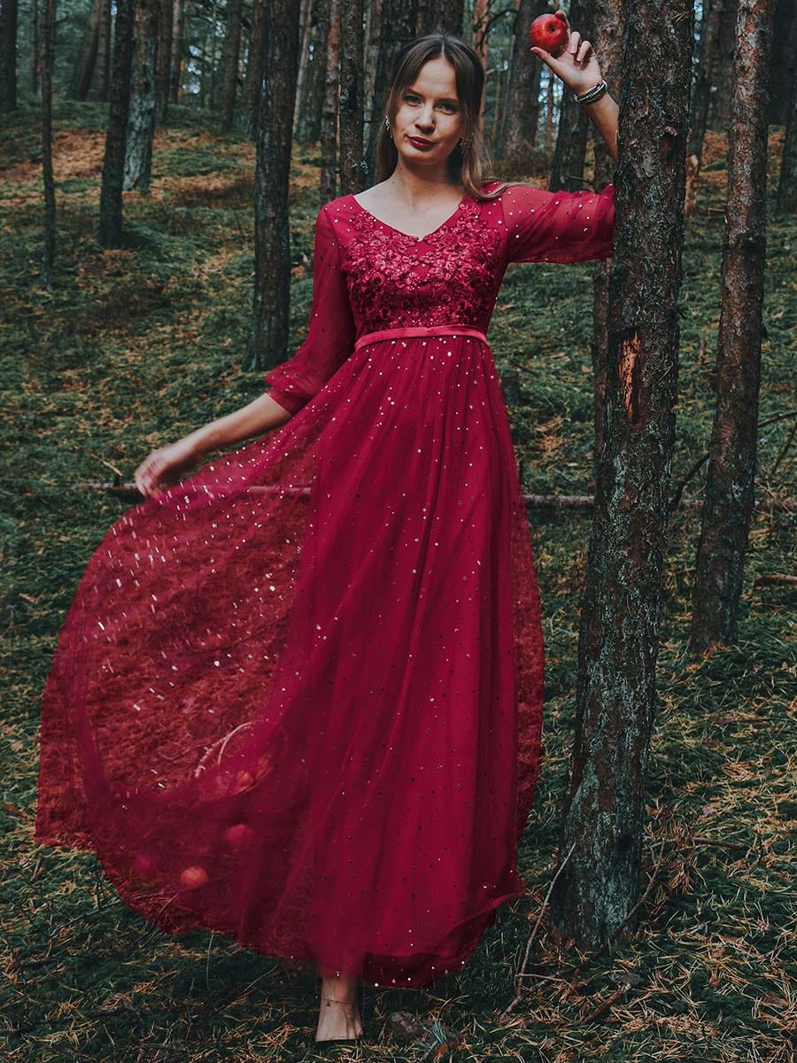 Color=Red | Elegant Maxi V Neck Tulle Evening Dress With Shiny Dot-Red 4