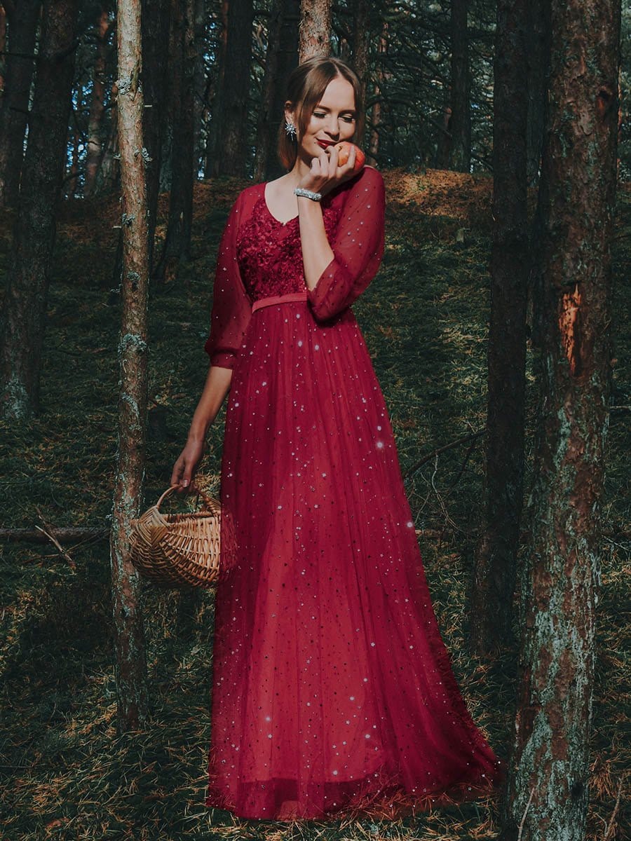 Color=Red | Elegant Maxi V Neck Tulle Evening Dress With Shiny Dot-Red 1