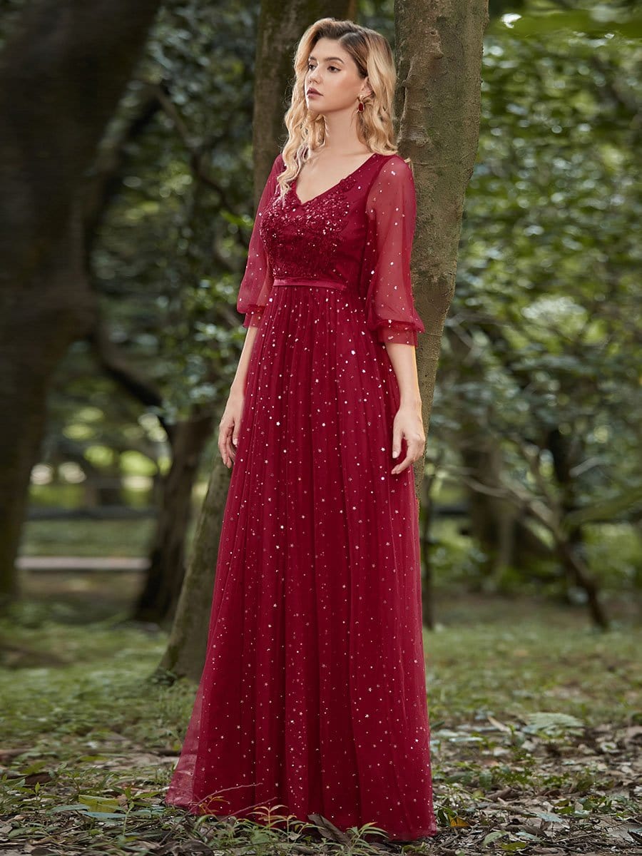 Color=Red | Elegant Maxi V Neck Tulle Evening Dress With Shiny Dot-Red 5