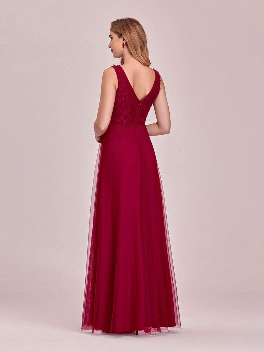 Color=Burgundy | Women'S Stunning V Neck Tulle & Lace Evening Dress For Engagement-Burgundy 2