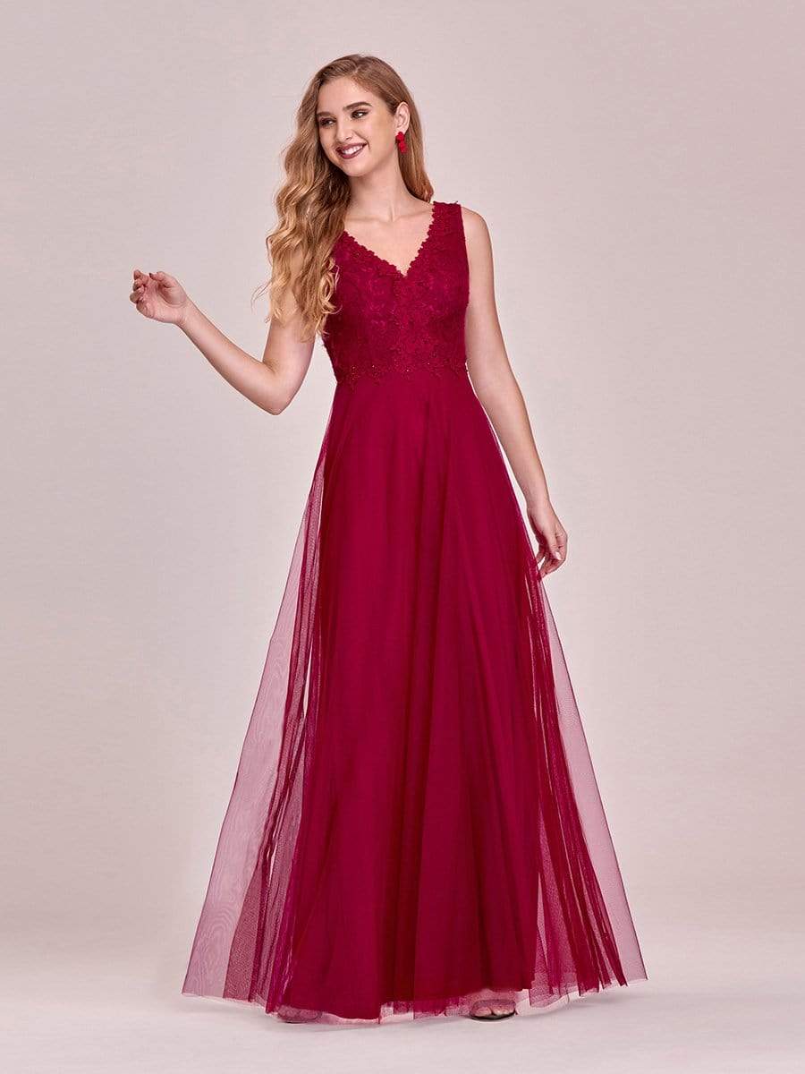 Color=Burgundy | Women'S Stunning V Neck Tulle & Lace Evening Dress For Engagement-Burgundy 1