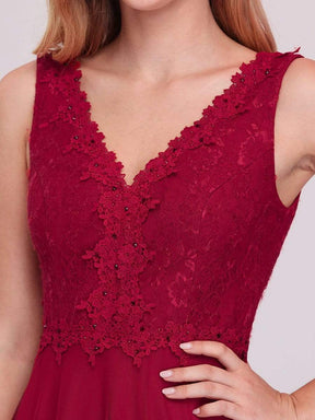 Color=Burgundy | Women'S Stunning V Neck Tulle & Lace Evening Dress For Engagement-Burgundy 3