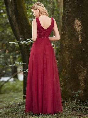 Color=Burgundy | Women'S Stunning V Neck Tulle & Lace Evening Dress For Engagement-Burgundy 5