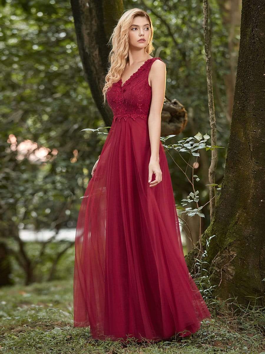 Color=Burgundy | Women'S Stunning V Neck Tulle & Lace Evening Dress For Engagement-Burgundy 4