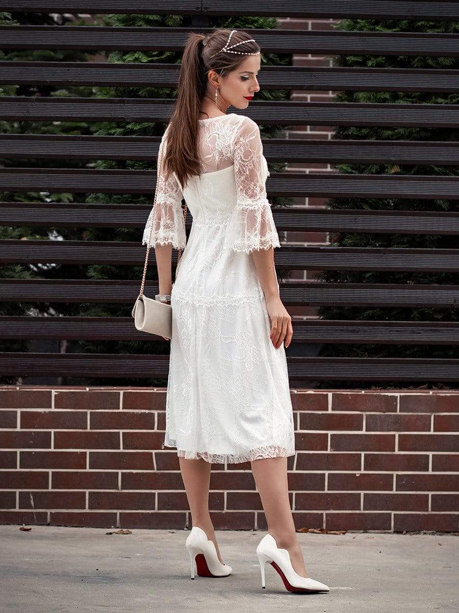 Color=Cream | Women'S Simple Knee-Length Lace Causl Dress With 3/4 Sleeves-Cream 7
