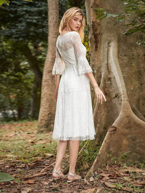 Color=Cream | Women'S Simple Knee-Length Lace Causl Dress With 3/4 Sleeves-Cream 2