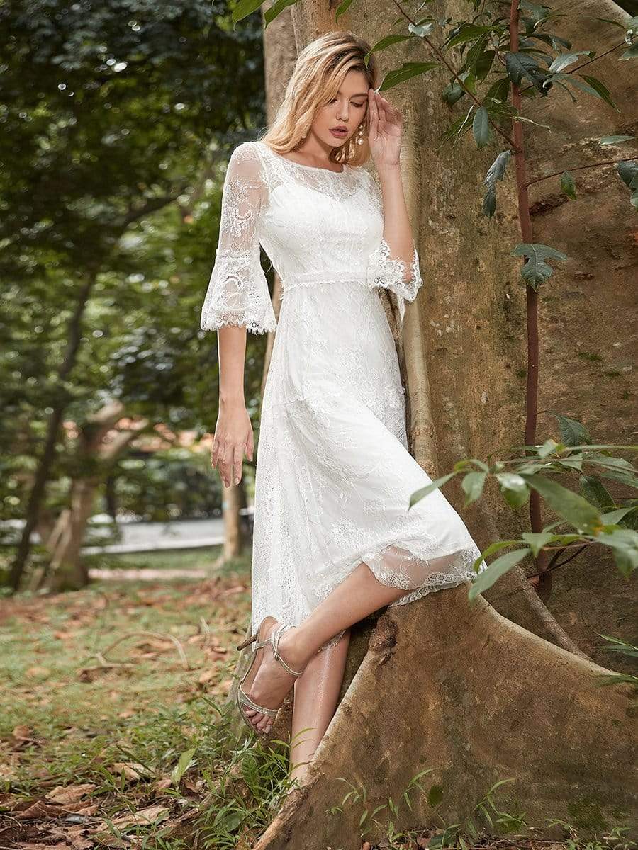 Color=Cream | Women'S Simple Knee-Length Lace Causl Dress With 3/4 Sleeves-Cream 3