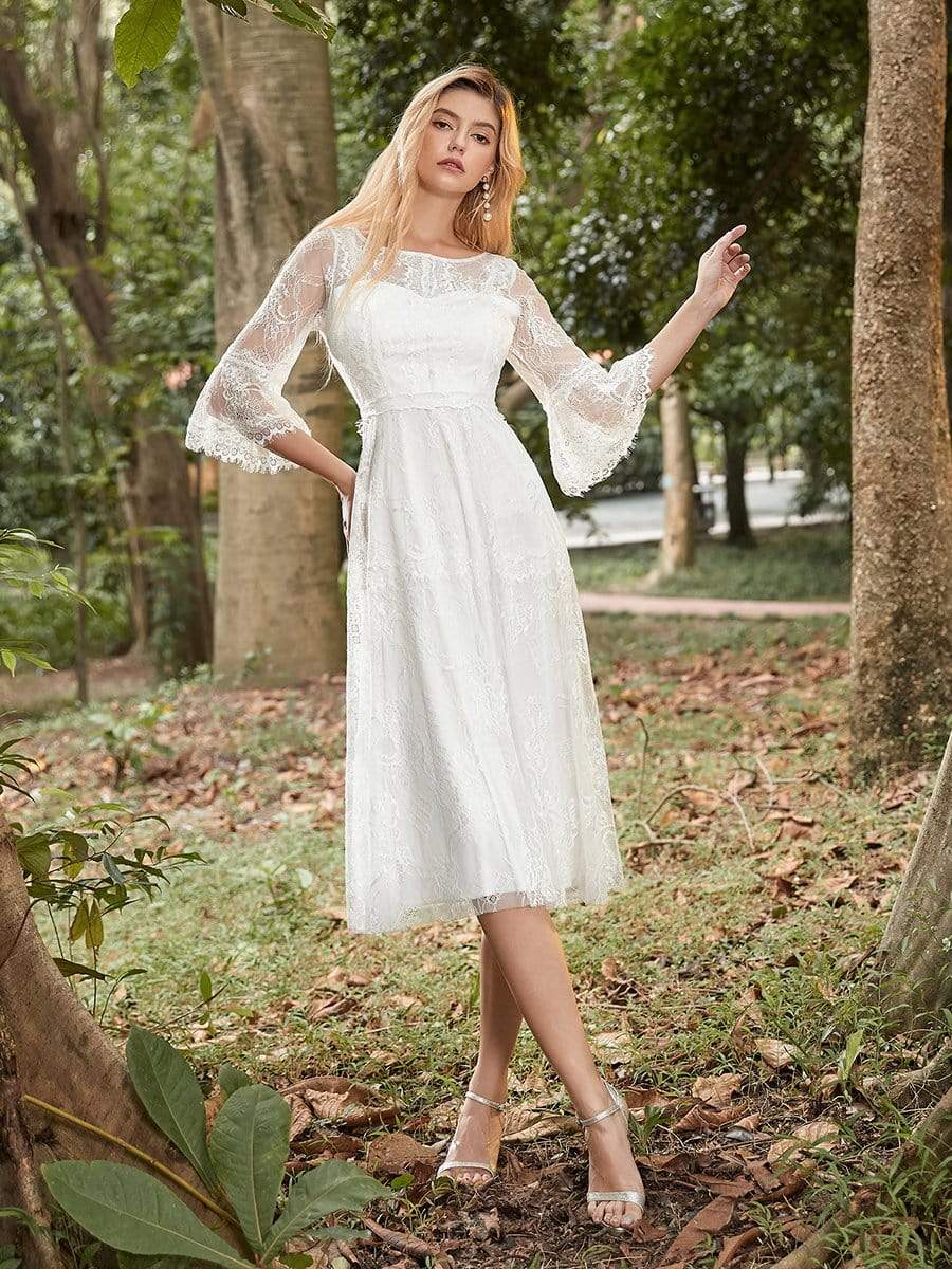 white lace dress with sleeves knee length Women White Dress Three Quarter Sleeve All Over Lace Dress