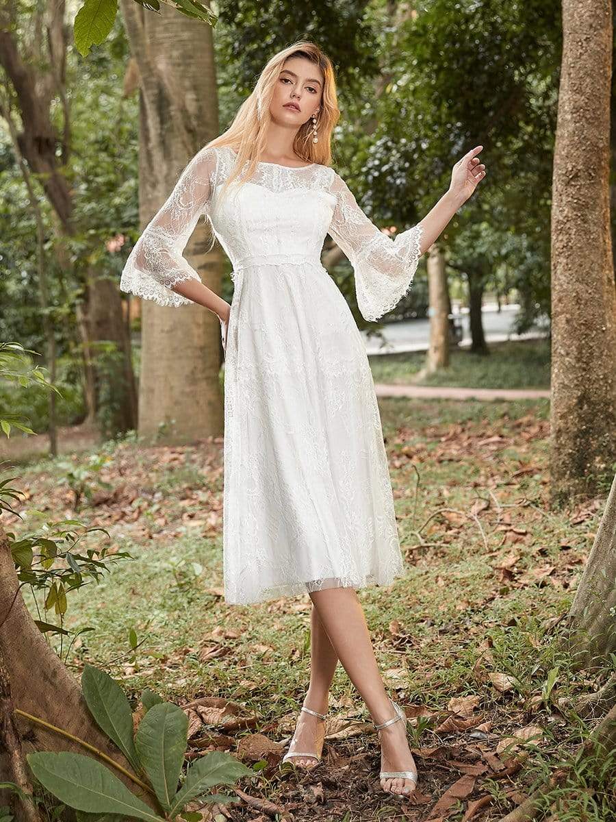 Color=Cream | Women'S Simple Knee-Length Lace Causl Dress With 3/4 Sleeves-Cream 4