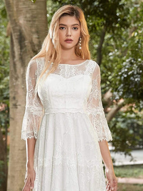Color=Cream | Women'S Simple Knee-Length Lace Causl Dress With 3/4 Sleeves-Cream 5