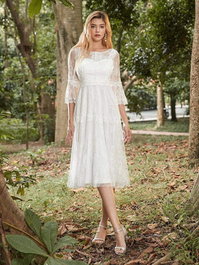 Color=Cream | Women'S Simple Knee-Length Lace Causl Dress With 3/4 Sleeves-Cream 1