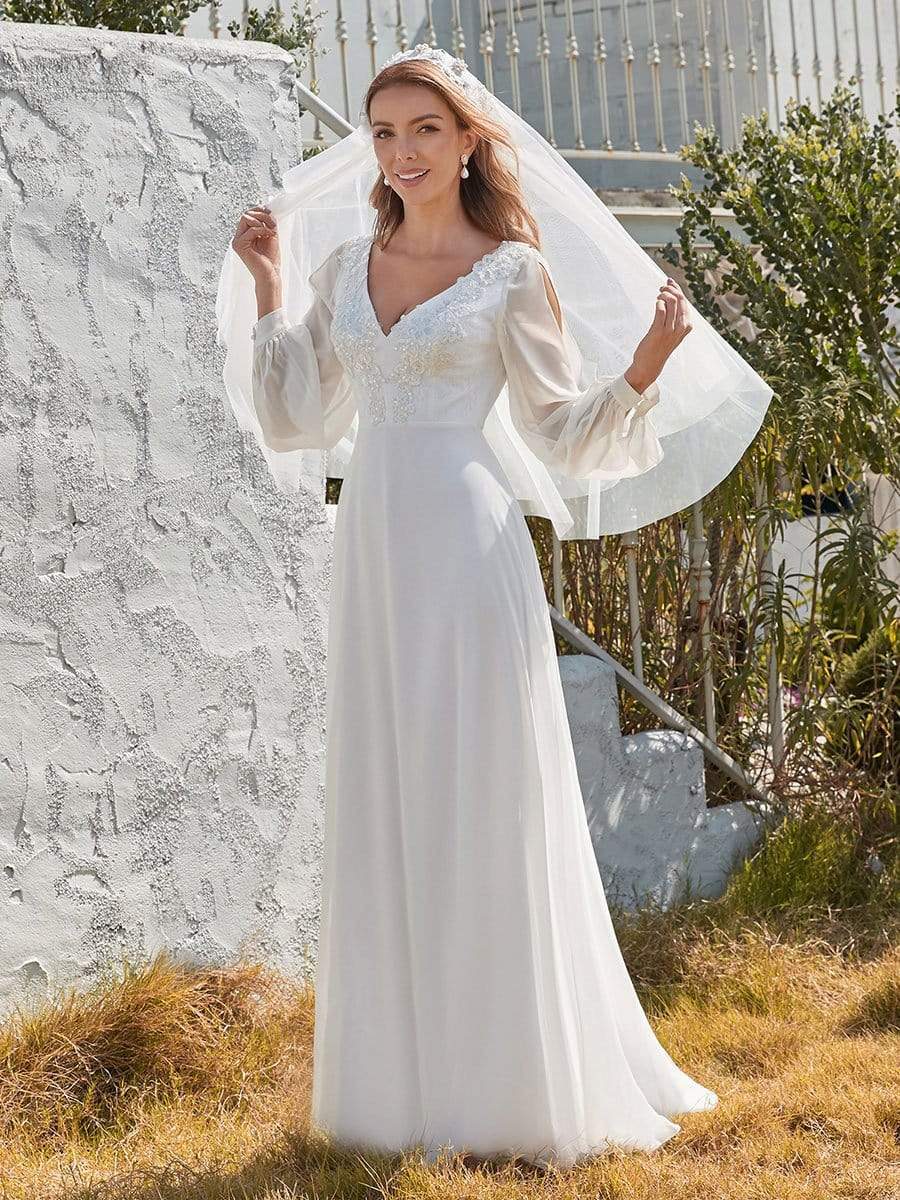 Color=White | Women'S Long-Sleeved Chiffon Wedding Dress With Appliques-White 1