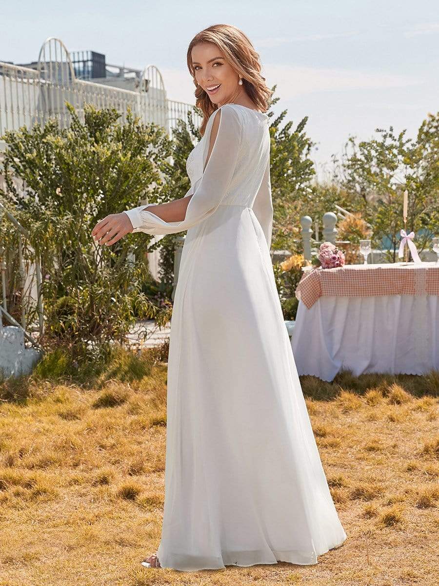 Color=White | Women'S Long-Sleeved Chiffon Wedding Dress With Appliques-White 3