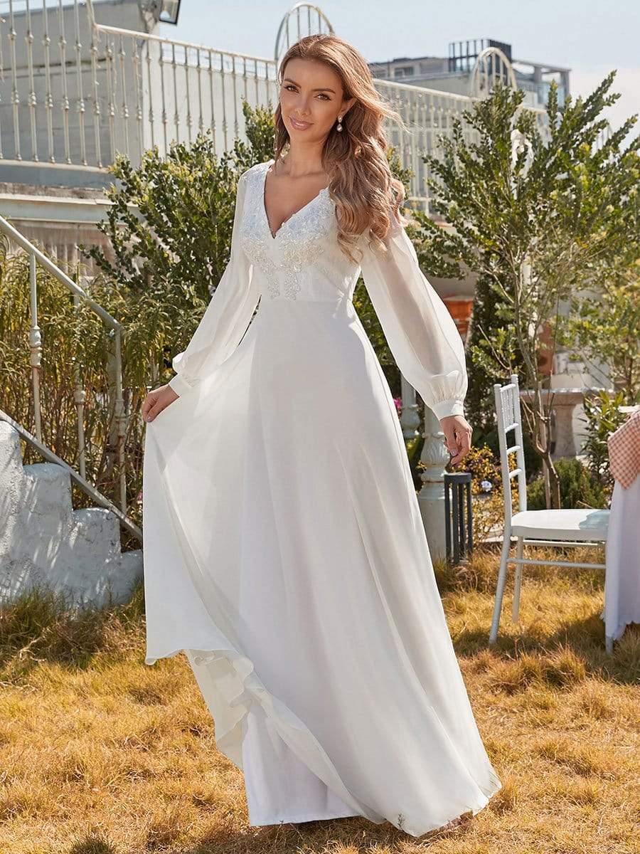 Color=White | Women'S Long-Sleeved Chiffon Wedding Dress With Appliques-White 4