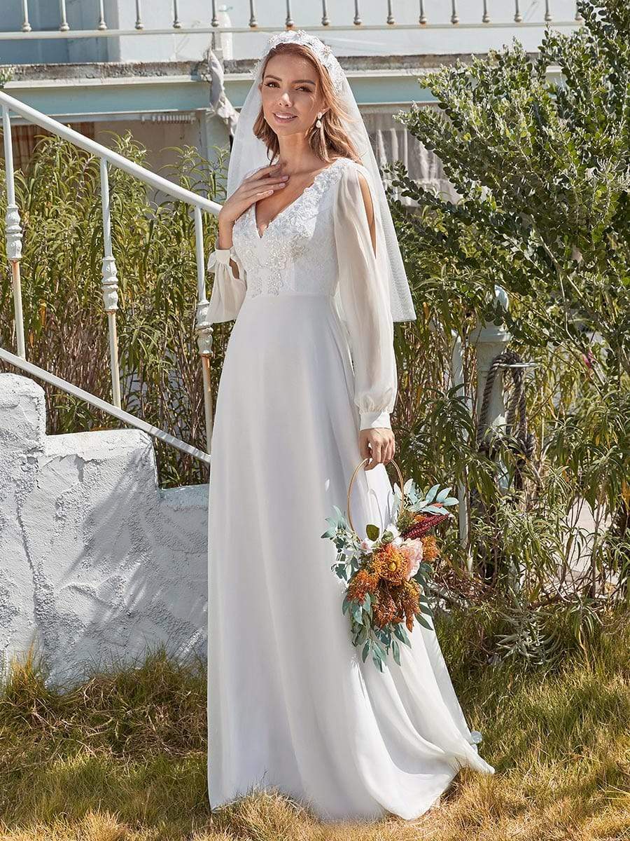 Color=White | Women'S Long-Sleeved Chiffon Wedding Dress With Appliques-White 5