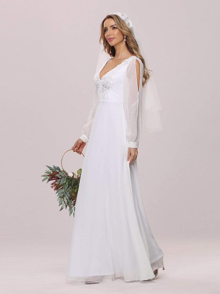 Color=White | Women'S Long-Sleeved Chiffon Wedding Dress With Appliques-White 6