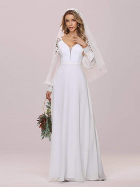 Color=White | Elegant Simple Chiffon Wedding Dress With Long Puff Sleeves-White 6