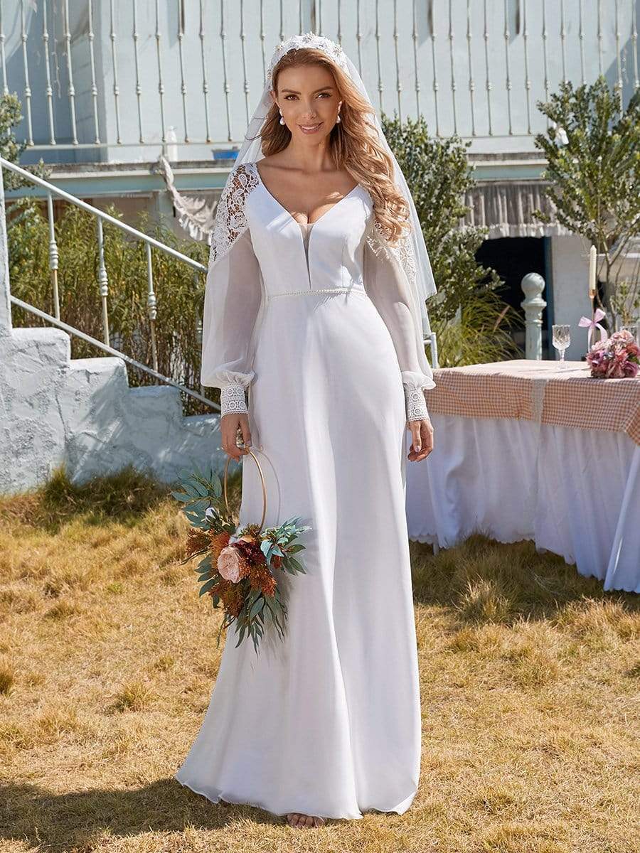Color=White | Elegant Simple Chiffon Wedding Dress With Long Puff Sleeves-White 1