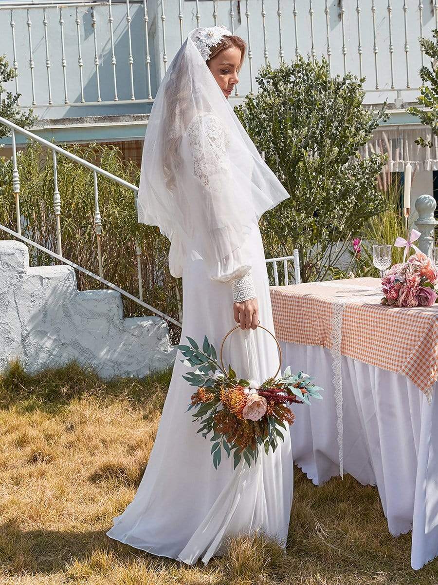 Color=White | Elegant Simple Chiffon Wedding Dress With Long Puff Sleeves-White 3