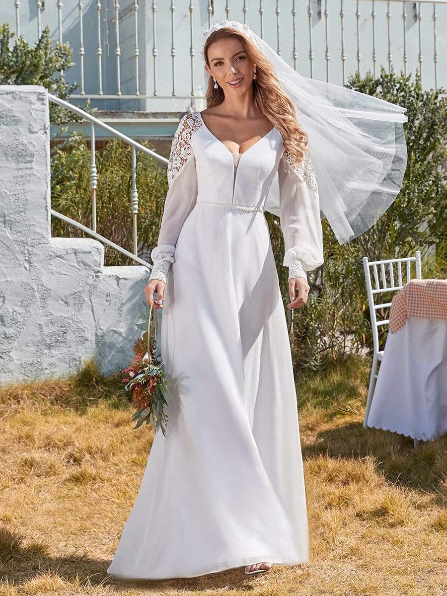 Color=White | Elegant Simple Chiffon Wedding Dress With Long Puff Sleeves-White 5