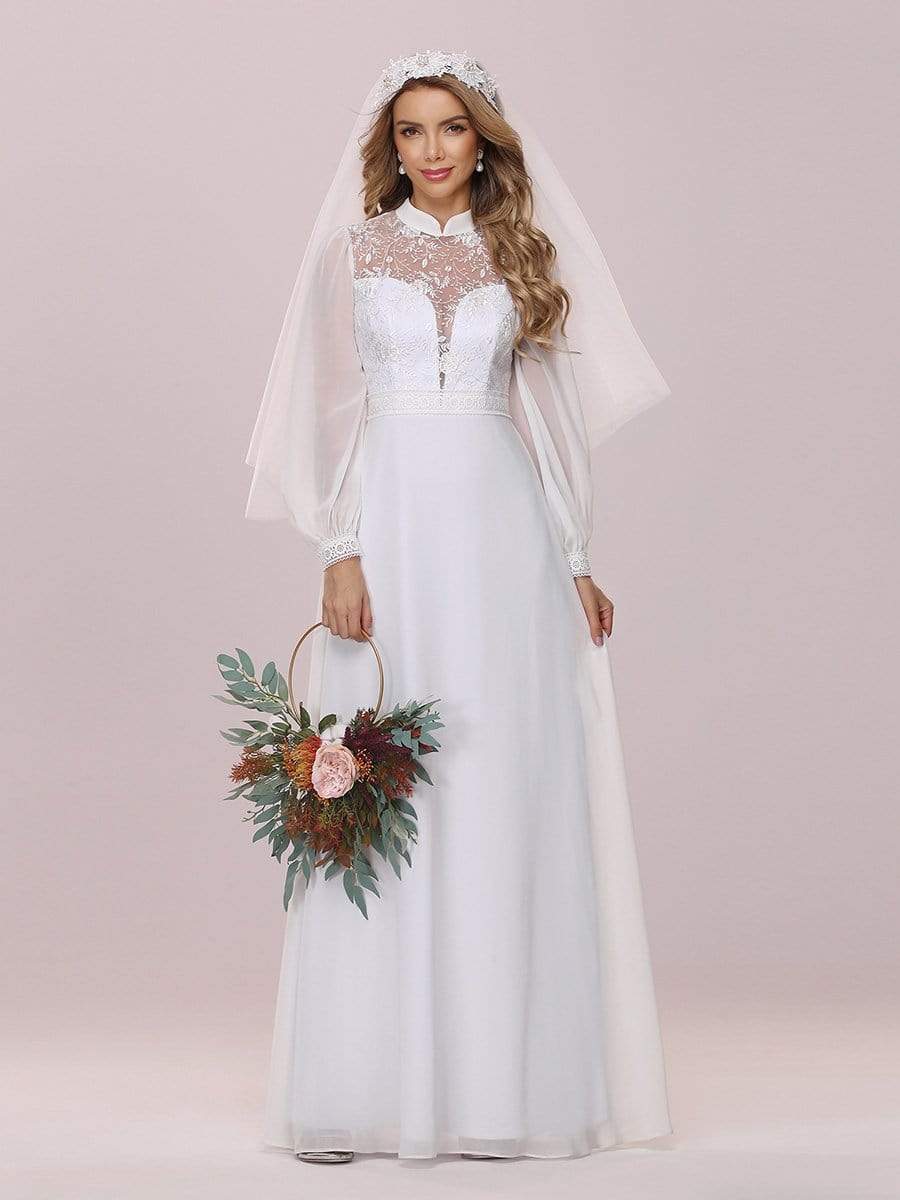 Color=White | Simple Chiffon Wedding Dress With Chinese Style Collar-White 6