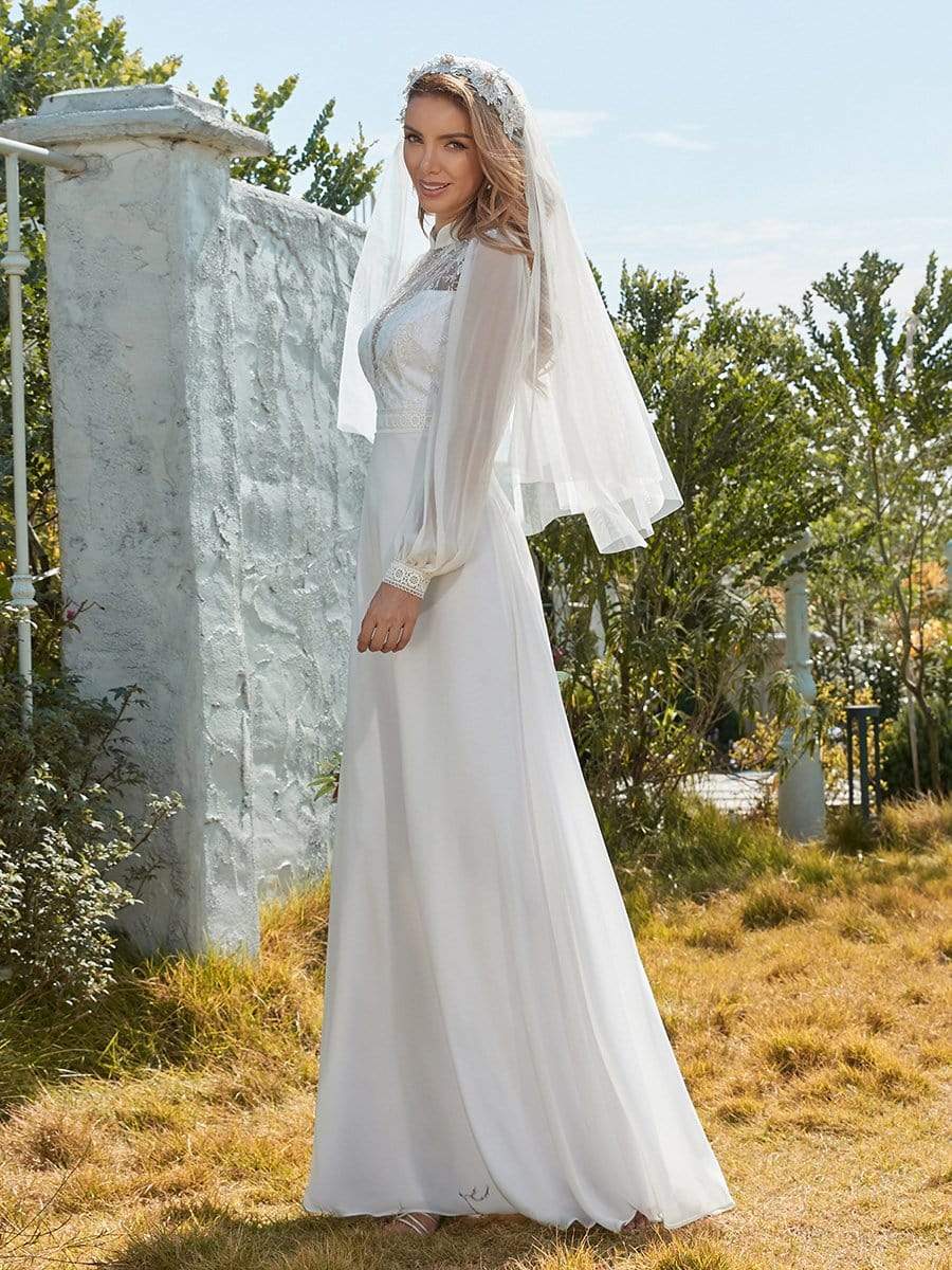 Color=White | Simple Chiffon Wedding Dress With Chinese Style Collar-White 5
