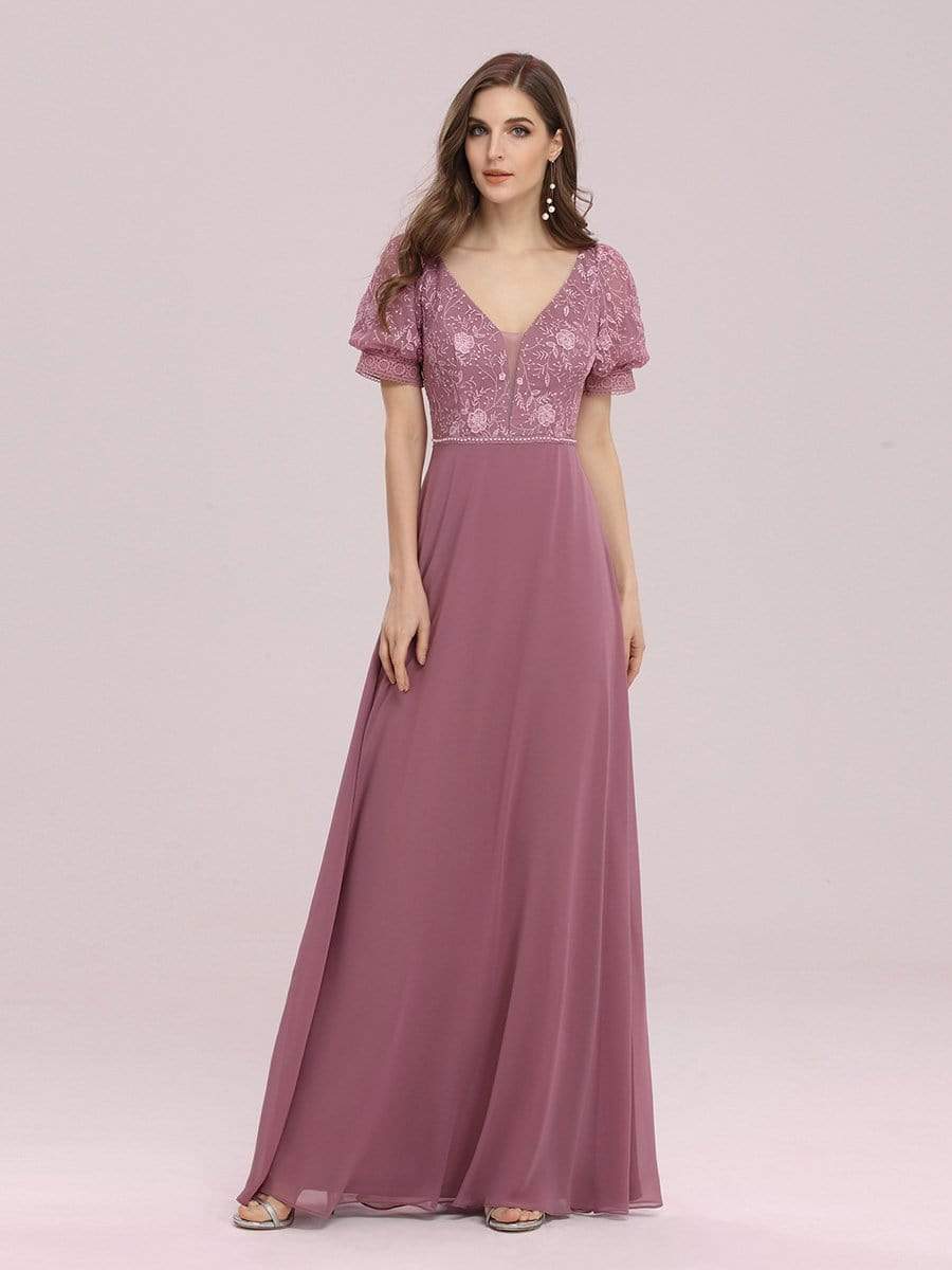 Color=Purple Orchid | Stylish V Neck A-Line Chiffon Wedding Dress For Women With Lace-Purple Orchid 5