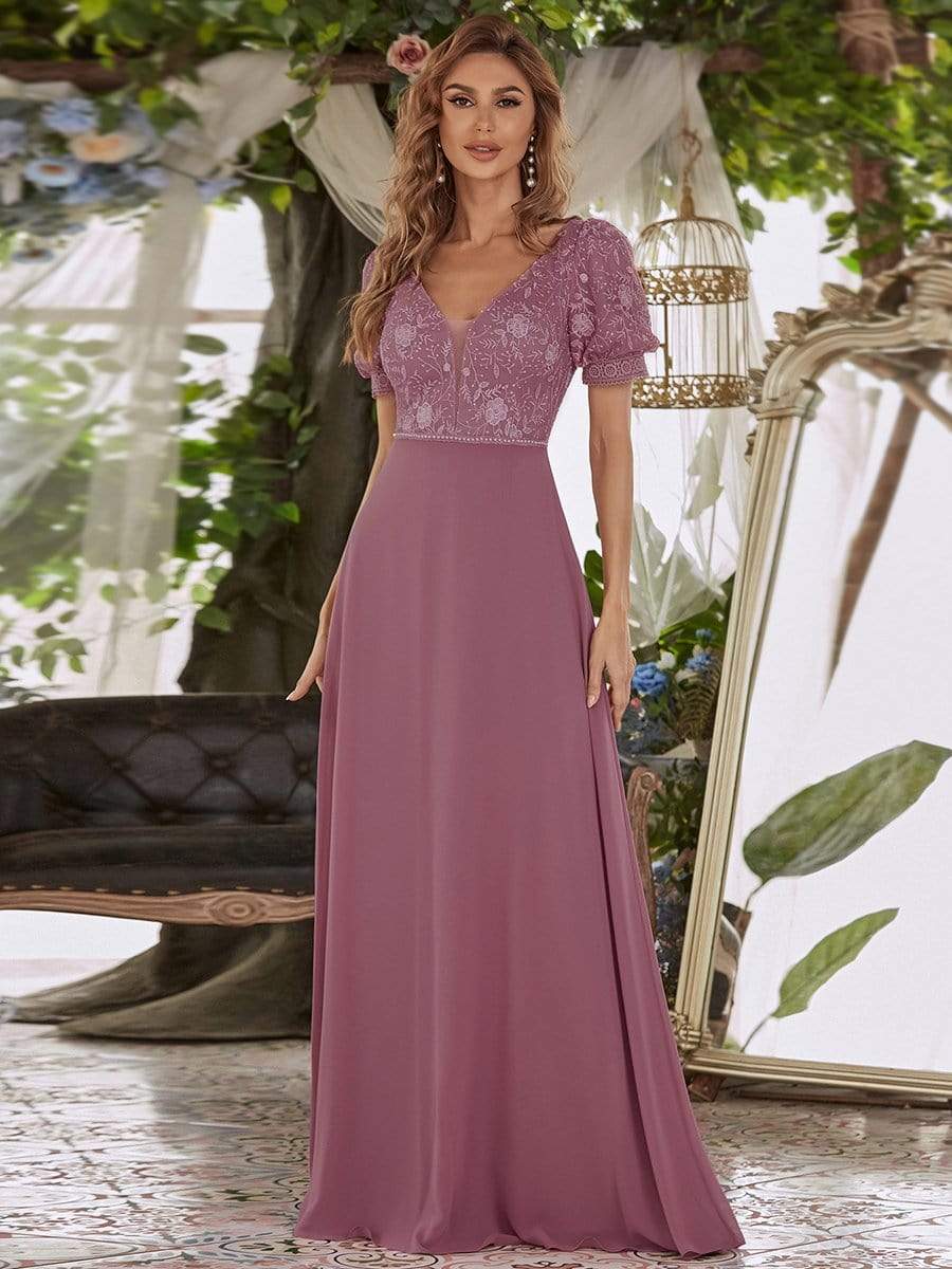 Color=Purple Orchid | Stylish V Neck A-Line Chiffon Wedding Dress For Women With Lace-Purple Orchid 1