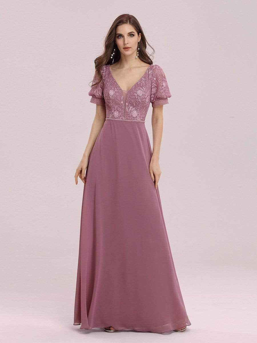 Color=Purple Orchid | Stylish V Neck A-Line Chiffon Wedding Dress For Women With Lace-Purple Orchid 3