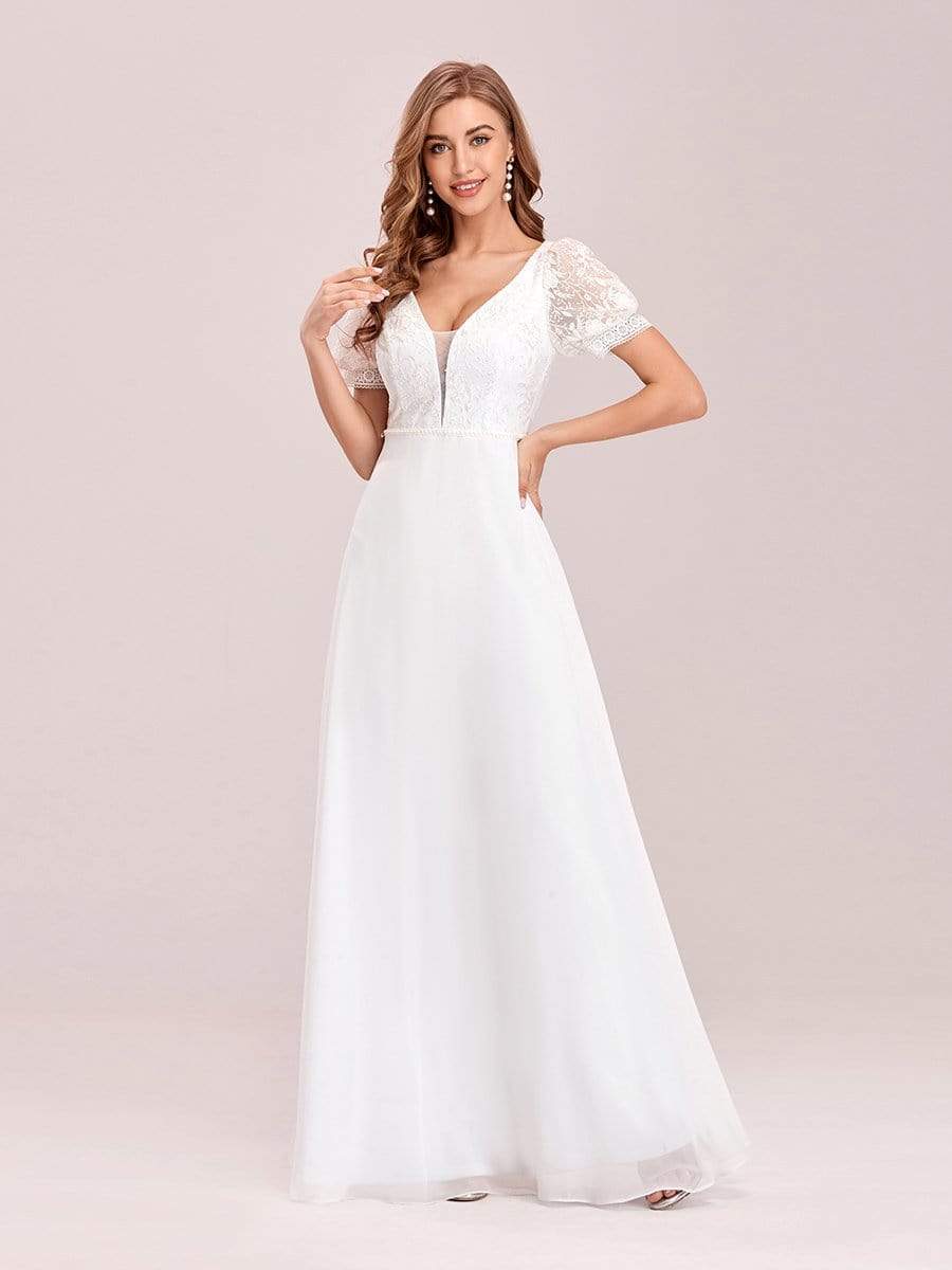 Color=White | Stylish V Neck A-Line Chiffon Wedding Dress For Women With Lace-White 1