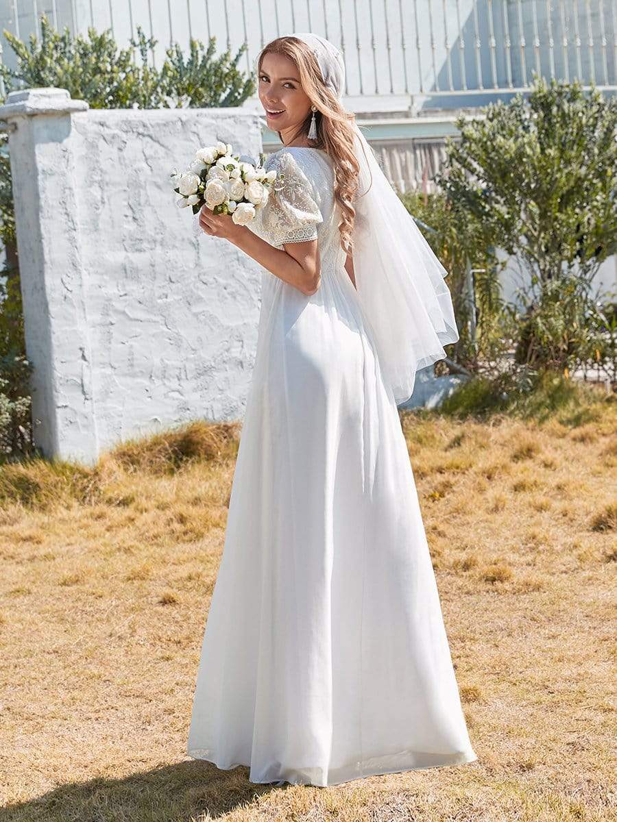 Color=White | Plain Lace & Chiffon Wedding Dress With Puff Sleeves-White 3