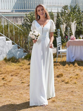 Color=White | Plain Lace & Chiffon Wedding Dress With Puff Sleeves-White 5