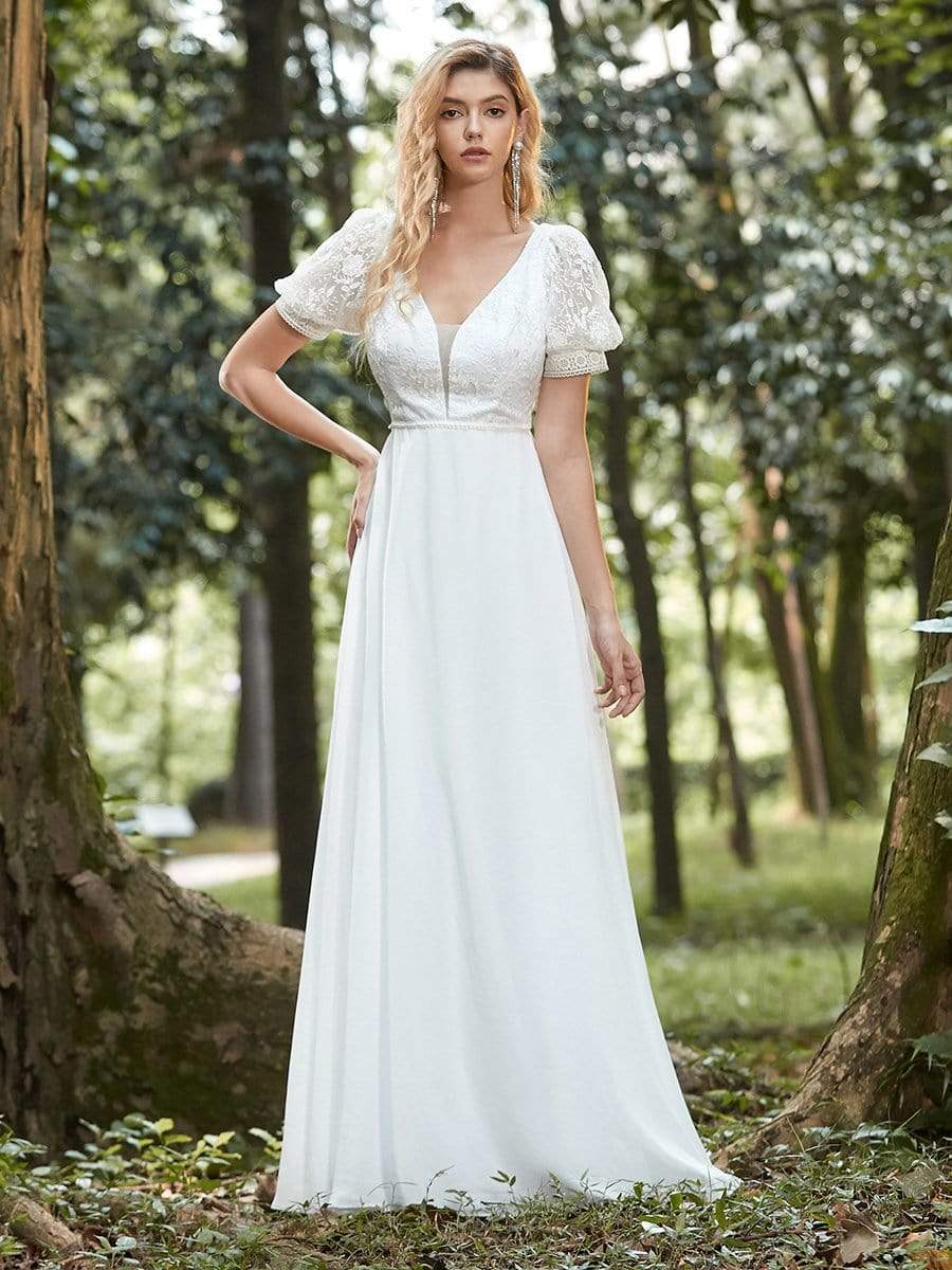 Color=White | Stylish V Neck A-Line Chiffon Wedding Dress For Women With Lace-White 4