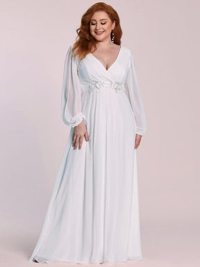 Color=Cream | Women'S Deep V Lantern Long Slit Sleeve Applique Maxi Evening Dress-Cream 8