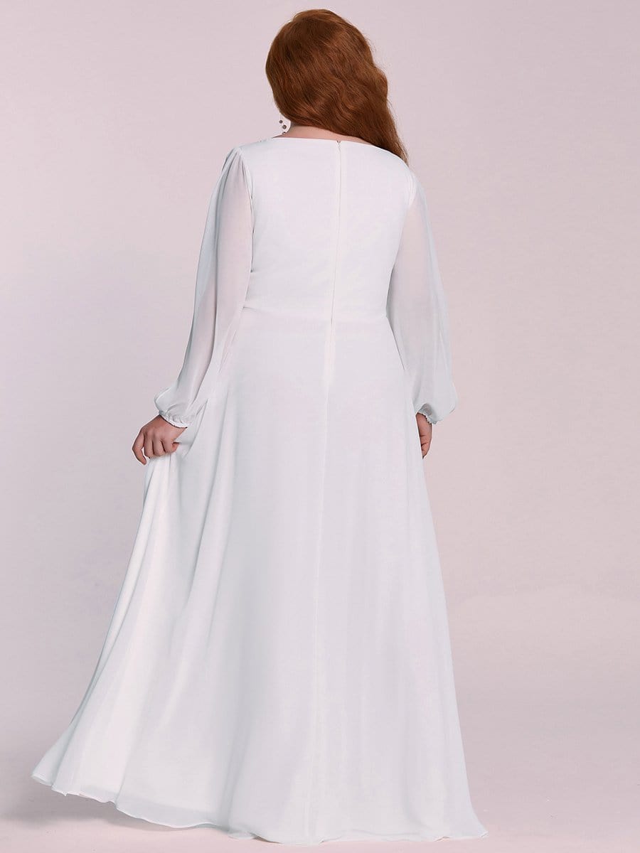 Color=Cream | Women'S Deep V Lantern Long Slit Sleeve Applique Maxi Evening Dress-Cream 9