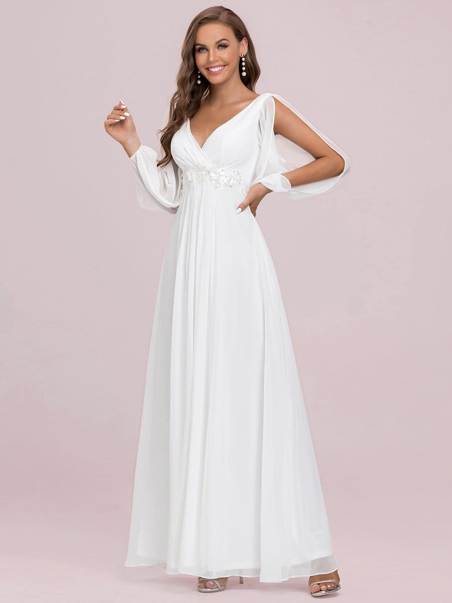 Color=Cream | Women'S Deep V Lantern Long Slit Sleeve Applique Maxi Evening Dress-Cream 6